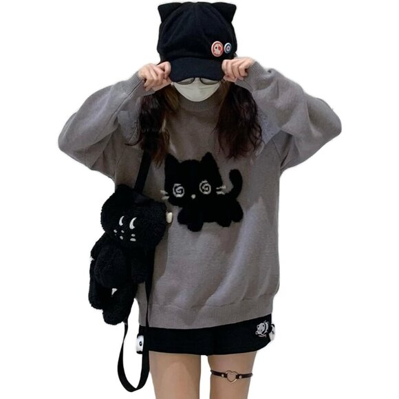 Kawaii Cat Print Sweater Women Oversize Y2K Casual Long Sleeve Pullover